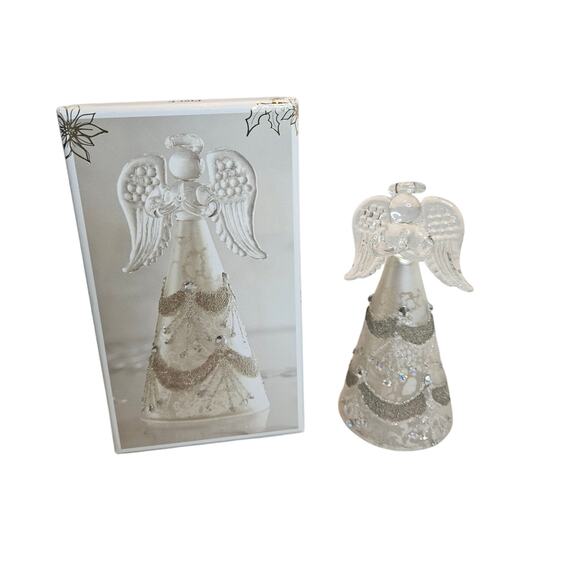 Pier 1 Angel Glass Angel Glittery dress Clear & Metal with Box, Satin lining - Picture 1 of 8